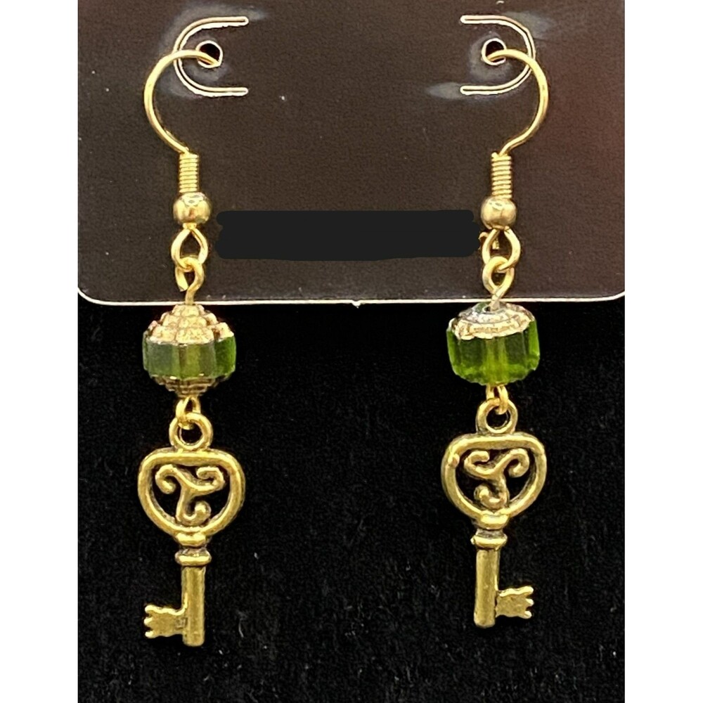 Handmade Key with Green & Gold Glass Bead Gold Tone Earrings by Neanie-Bot